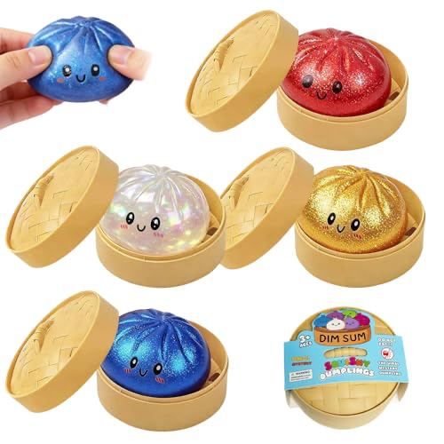 Lot de 4 Dumplings Squishy Pailletés Arc-en-Ciel avec Boîte Vapeur