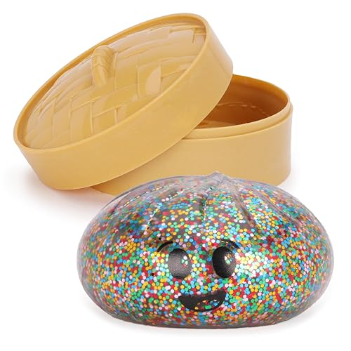 Bao Bun Squishy Arc-en-Ciel Pailleté avec Panier Vapeur